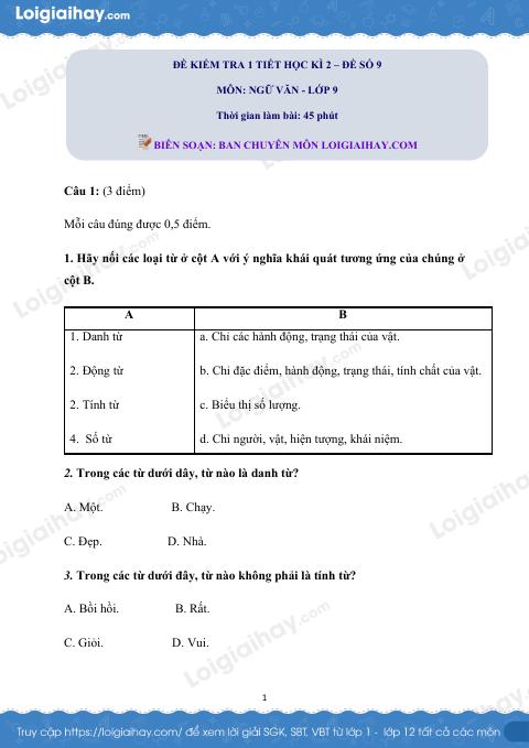 Đề kiểm tra 1 tiết Văn 9 - Đề số 9